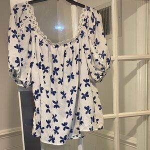 Alice Blue White Top with Navy Blue Floral Print